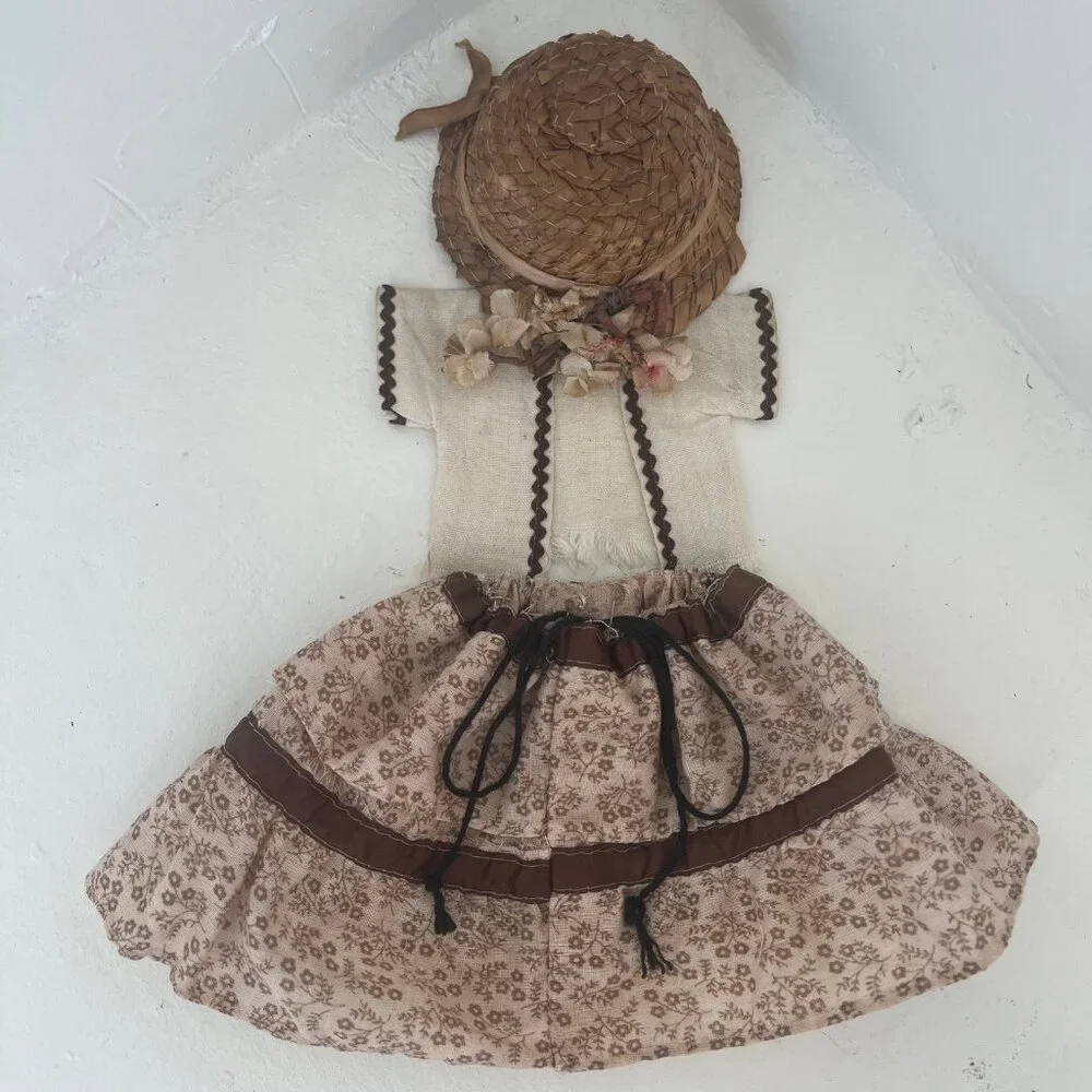 Vintage Doll Outfit Skirt & Jacket Vest & Farmer Hat w/ Flowers Beige & Brown - Picture 1 of 11